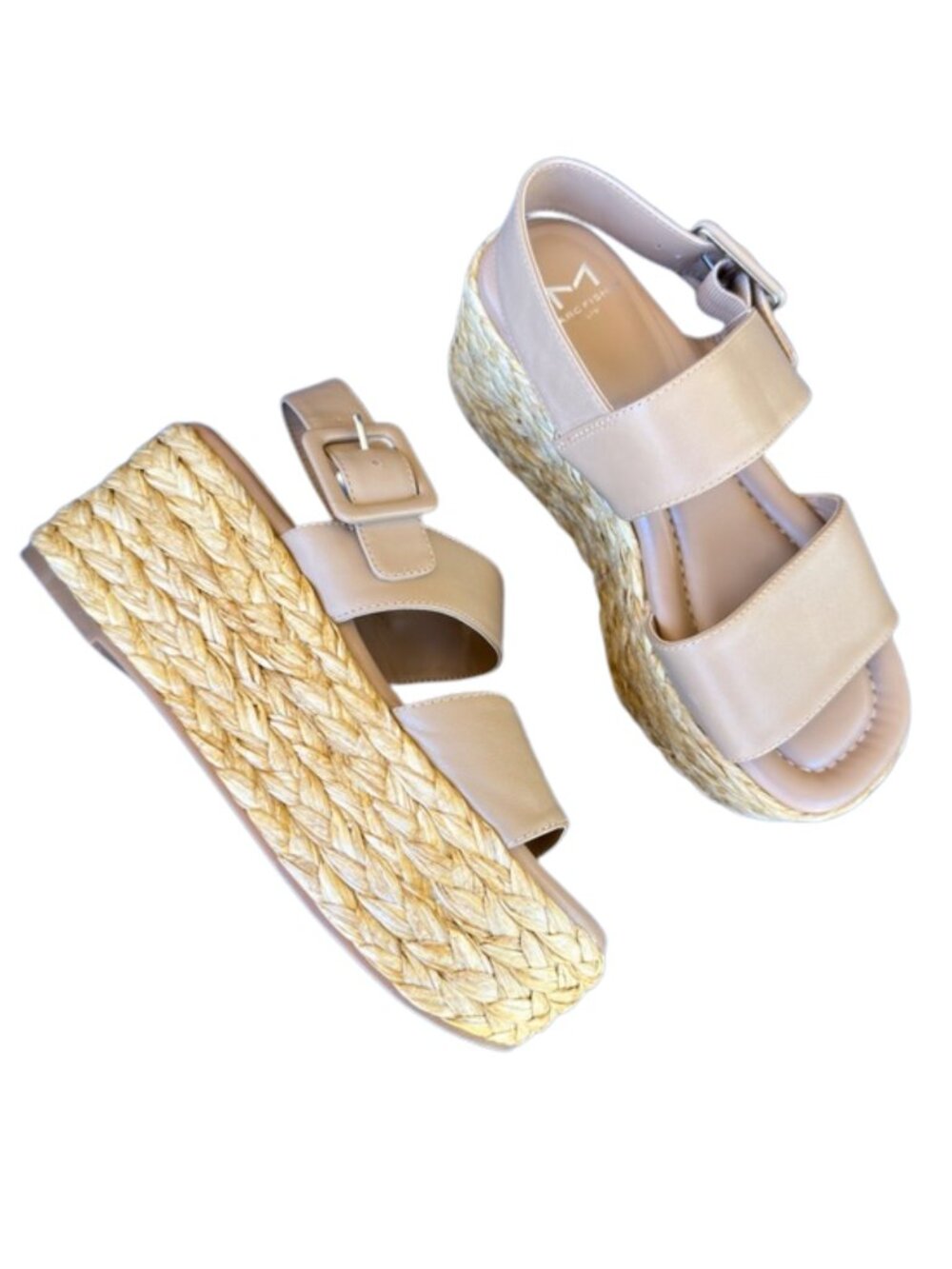 Marc Fisher LTD Raffia Platform Sandals 5.5M Tan Ankle Strap Resort Summer Shoe